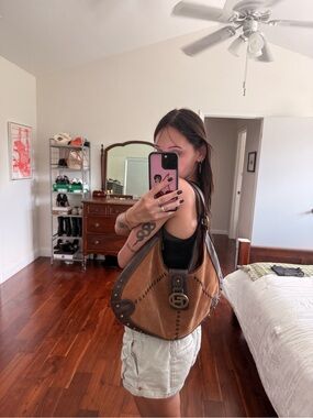 Gucci Brown Suede and Leather Shoulder Bag with GG Accent